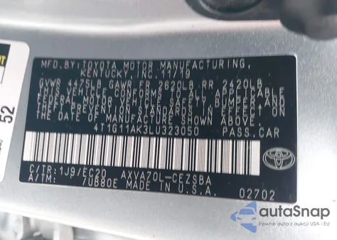 2020 Toyota Camry Se Nightshade Edition from USA, damaged, VIN 4T1G11AK3LU323050